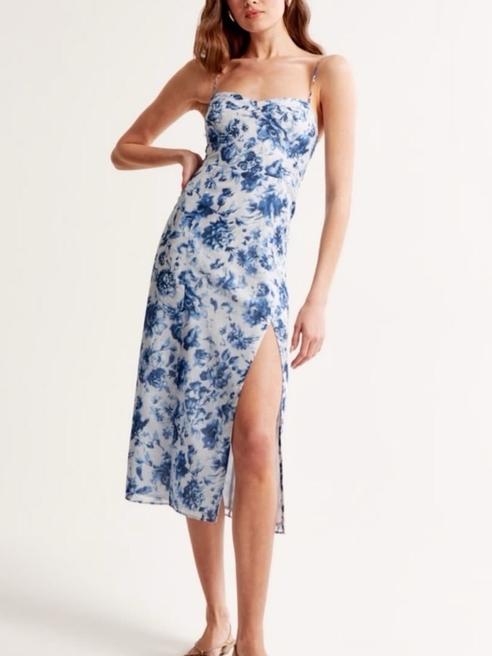 Abercrombie & Fitch Blue White Floral Bustier Sweetheart Slip Midi Dress Slit - Picture 14 of 14